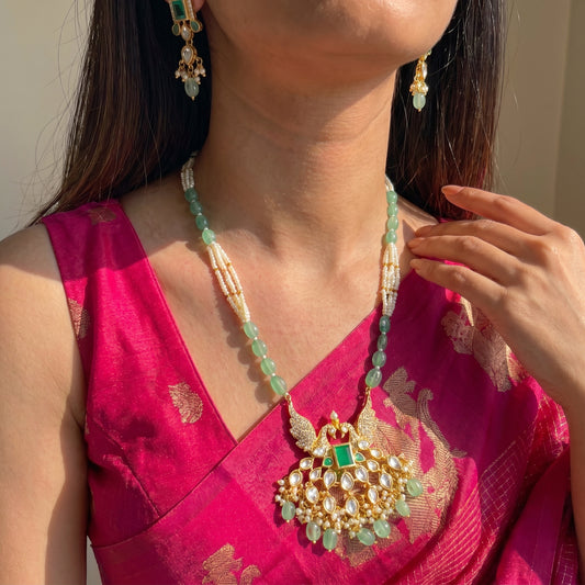 42414 Poth & Russian Beads Mala With Peacock Green