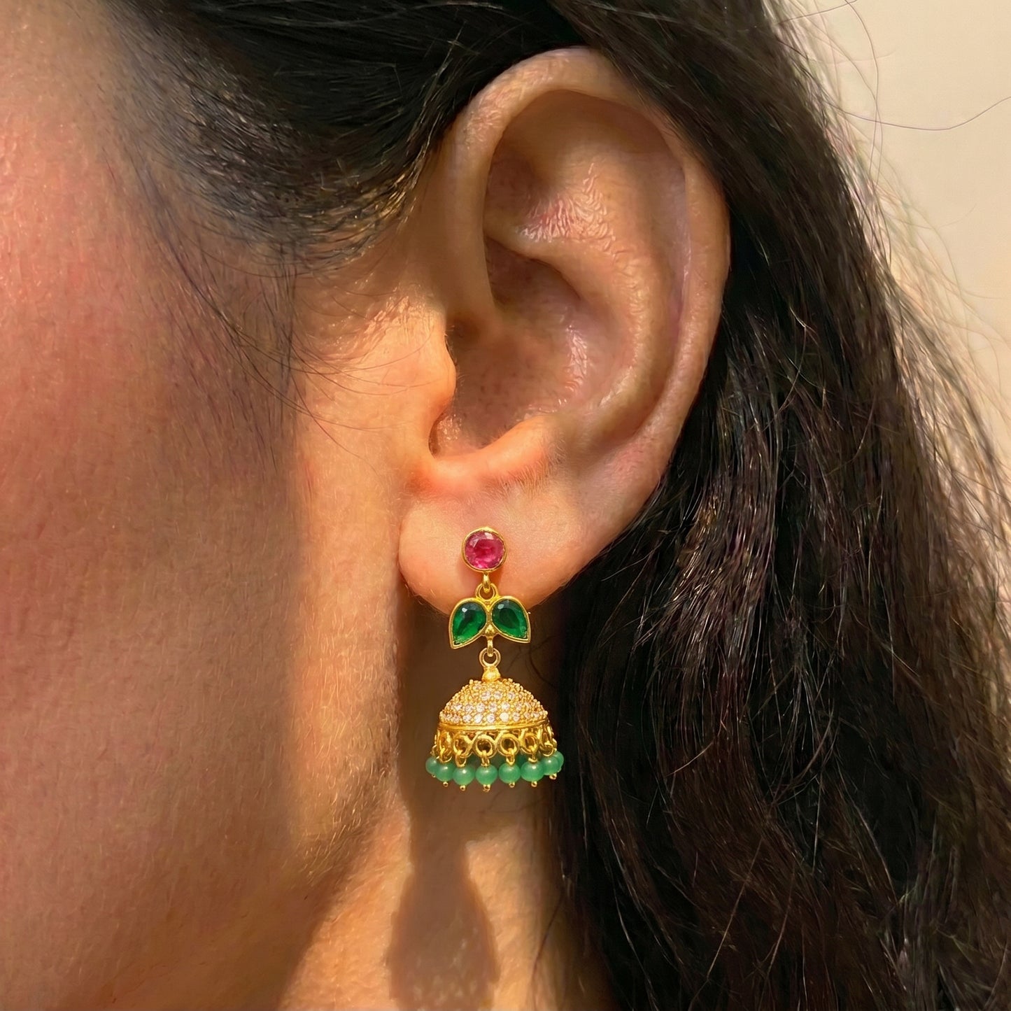 42427 Small Jhumki With Green Beads