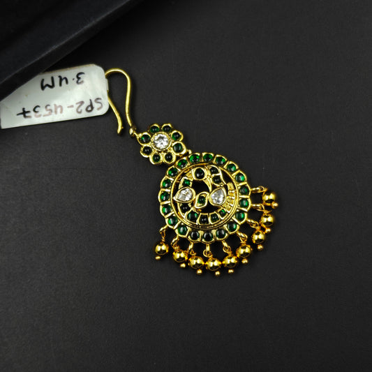 4537 Round design gold-plated maangtikka with green stones and white stones