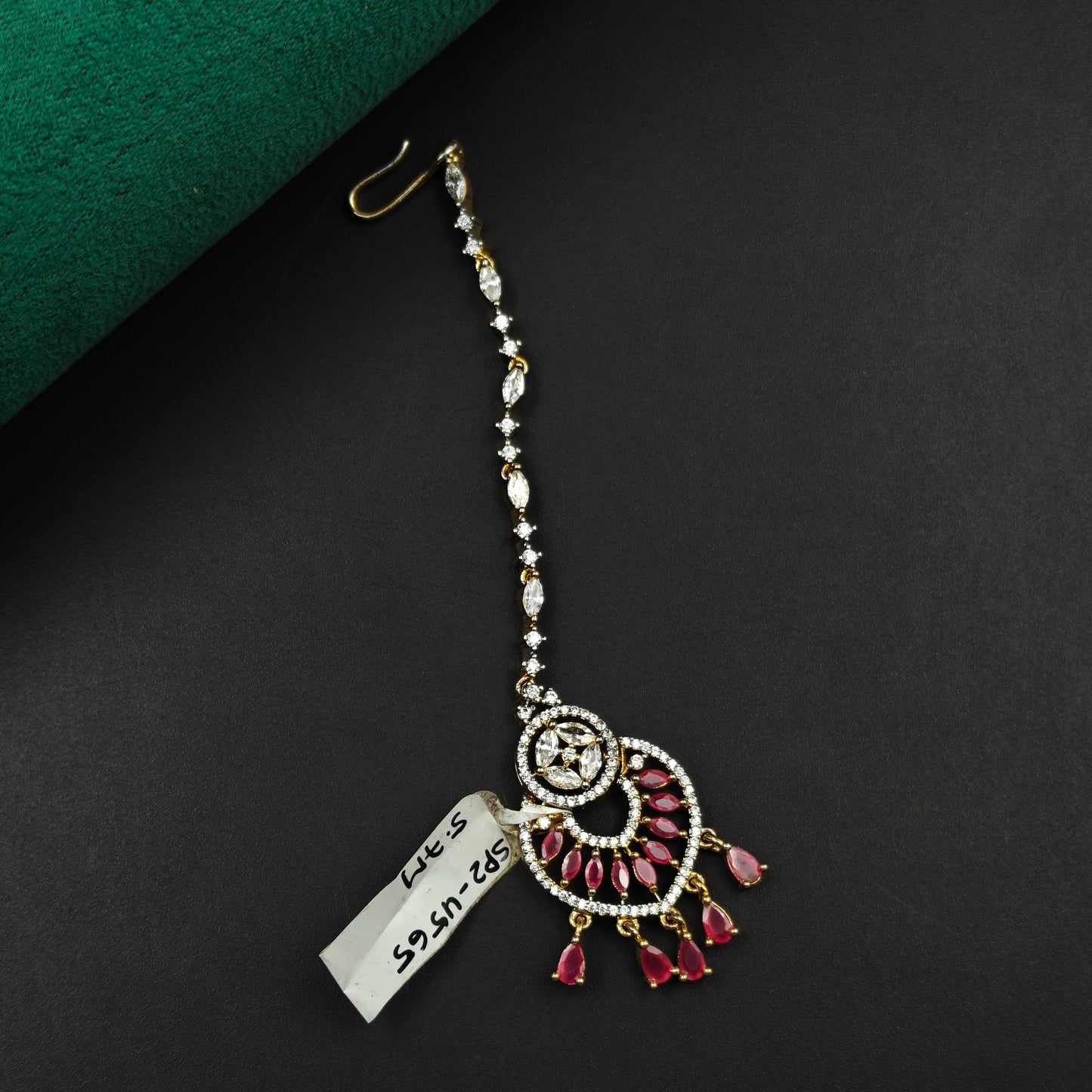 4565 Spiral design maangtikka with pink stones and white CZ crystals