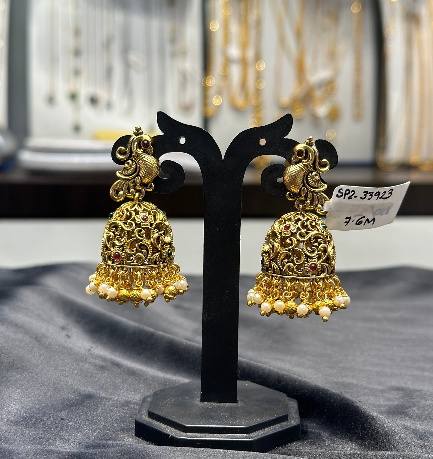 33923 Peacock jhumki with gold balls