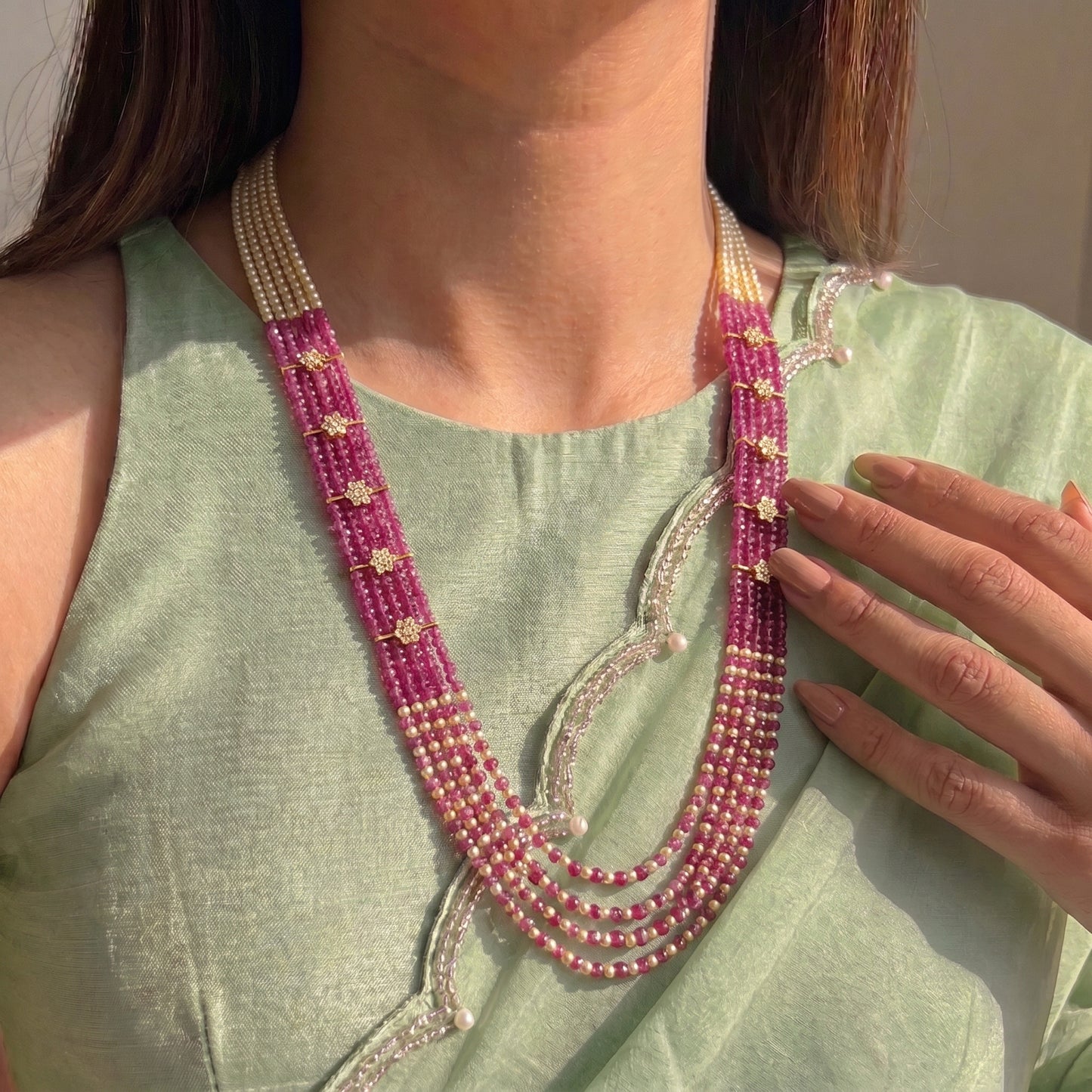 42473 5 Lines Sugar Beads Mala Rani Pink
