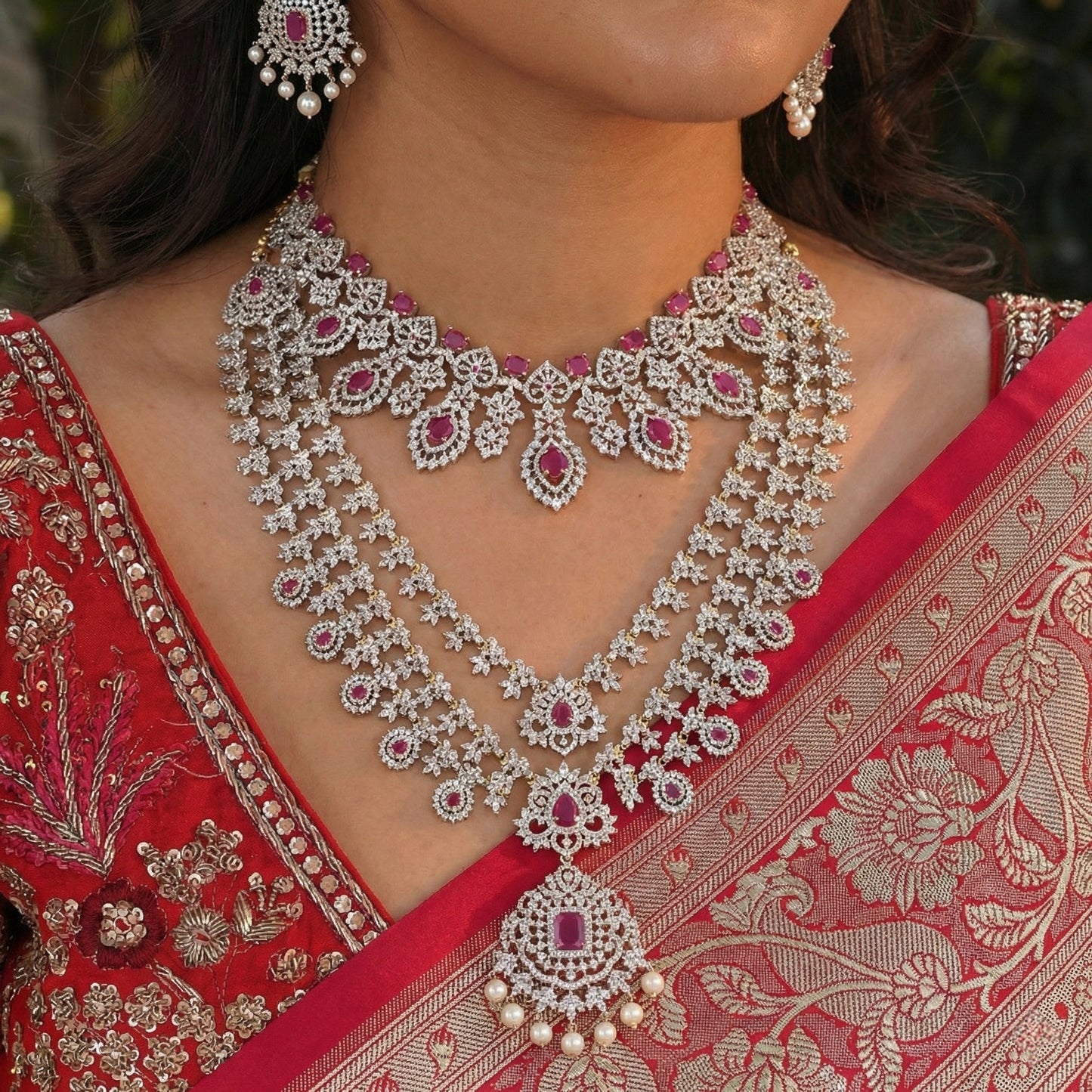 38481/40491 GJ Red and White CZ Bridal Necklace Combo Set with Earrings