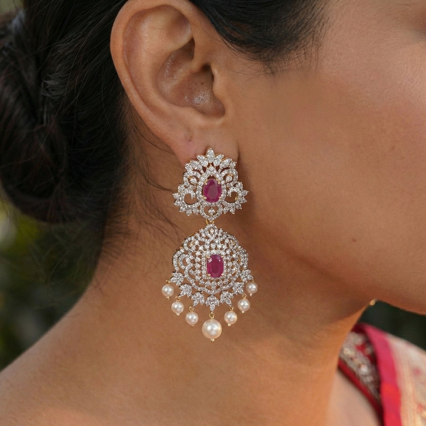 38481/40491 GJ Red and White CZ Bridal Necklace Combo Set with Earrings