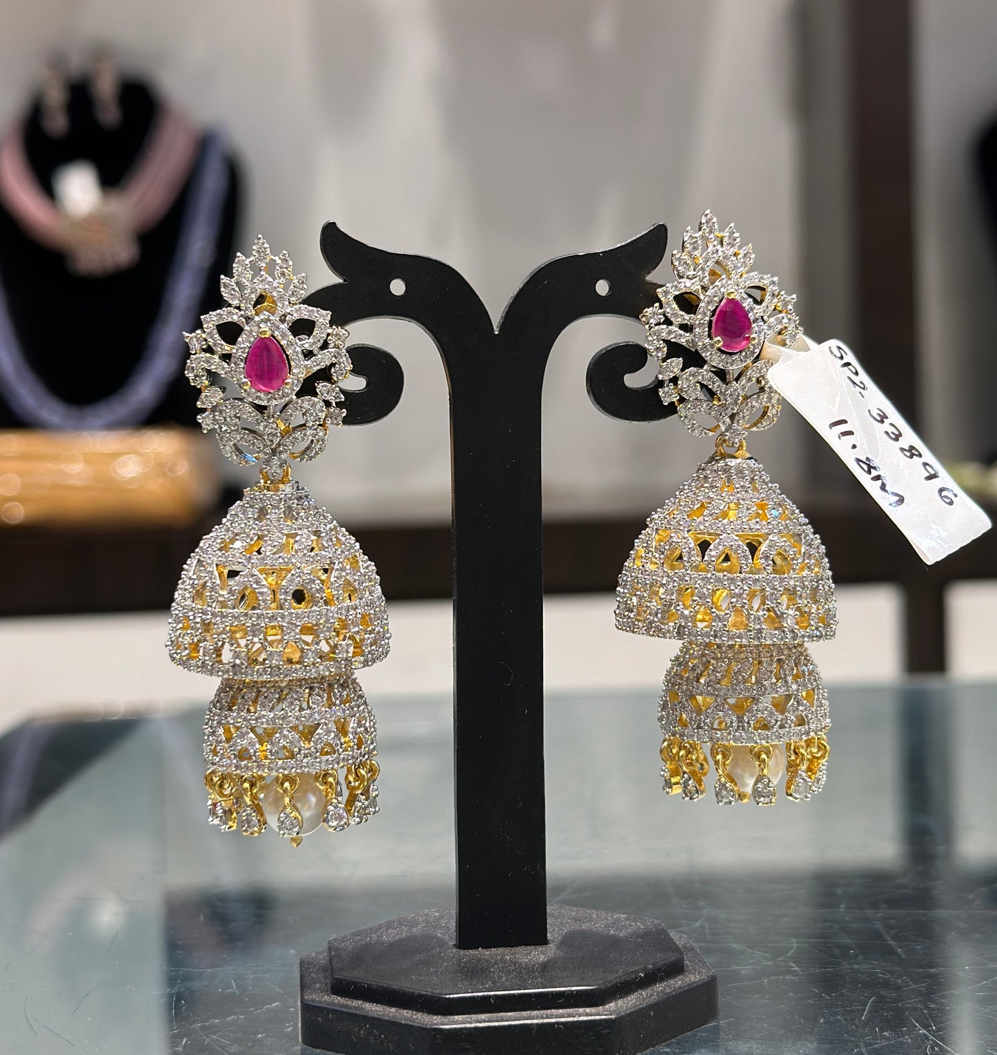 37787 Diamond double screwback jhumki 2 in 1