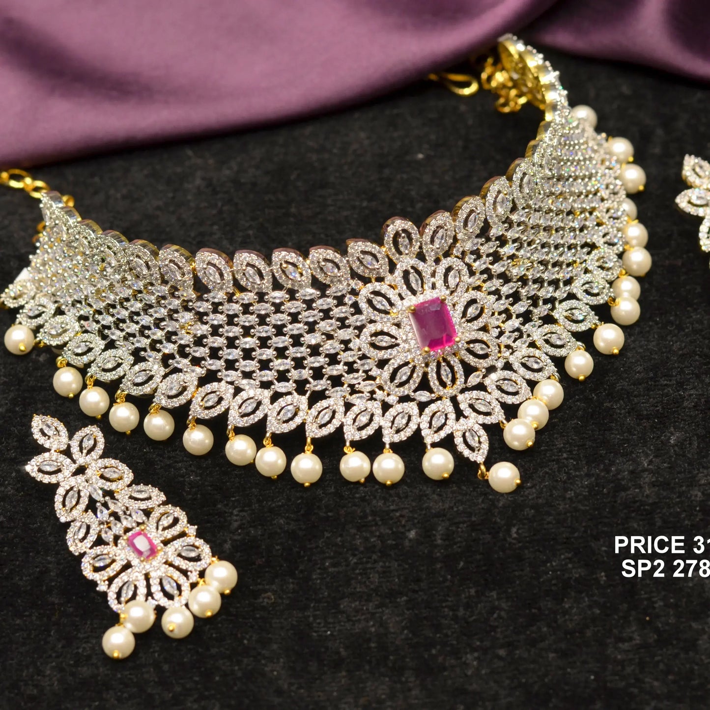 Diamond look ruby stone leaves design choker 27873