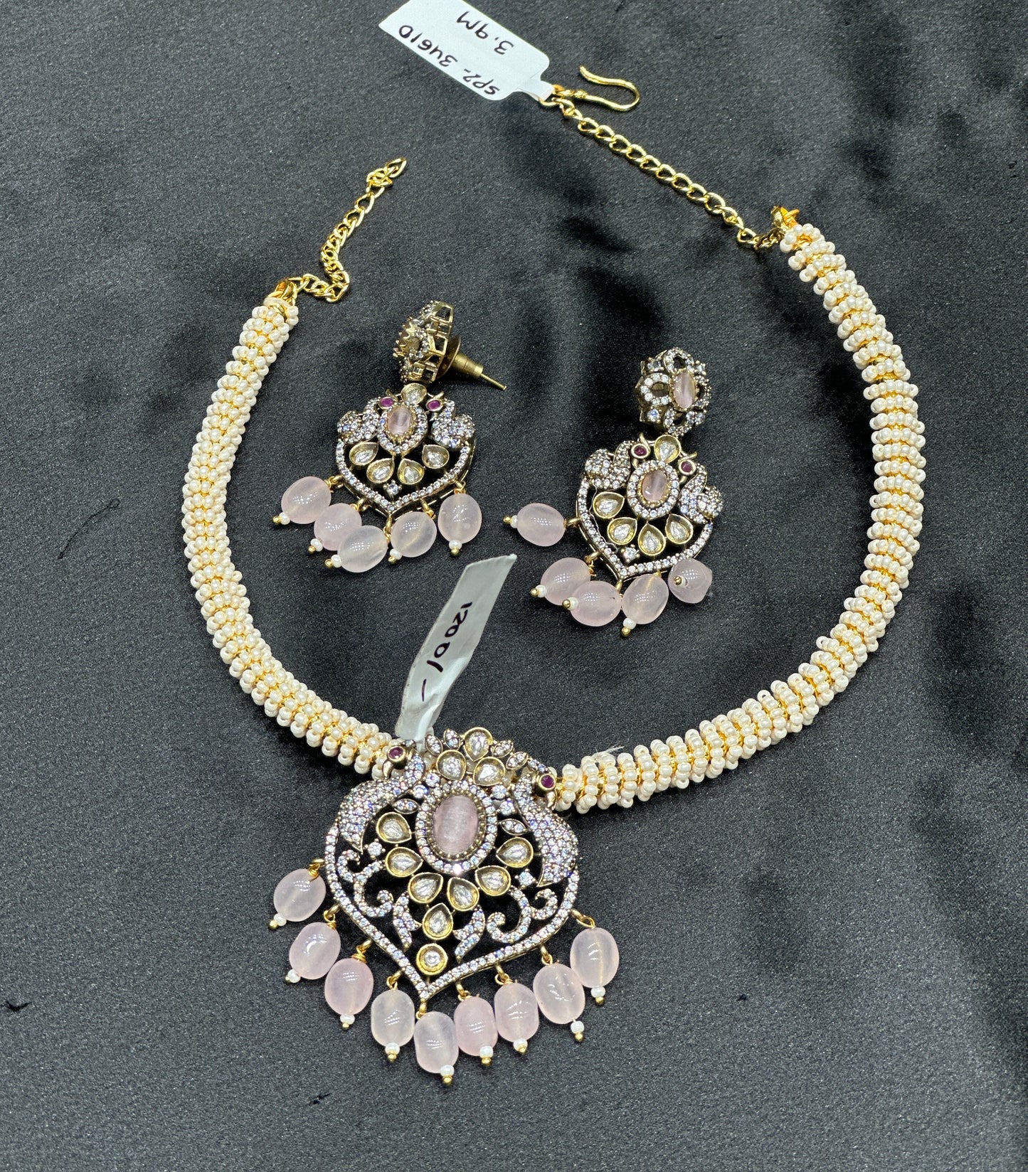 Mint pink peacock pendant set with pearl chain 27784