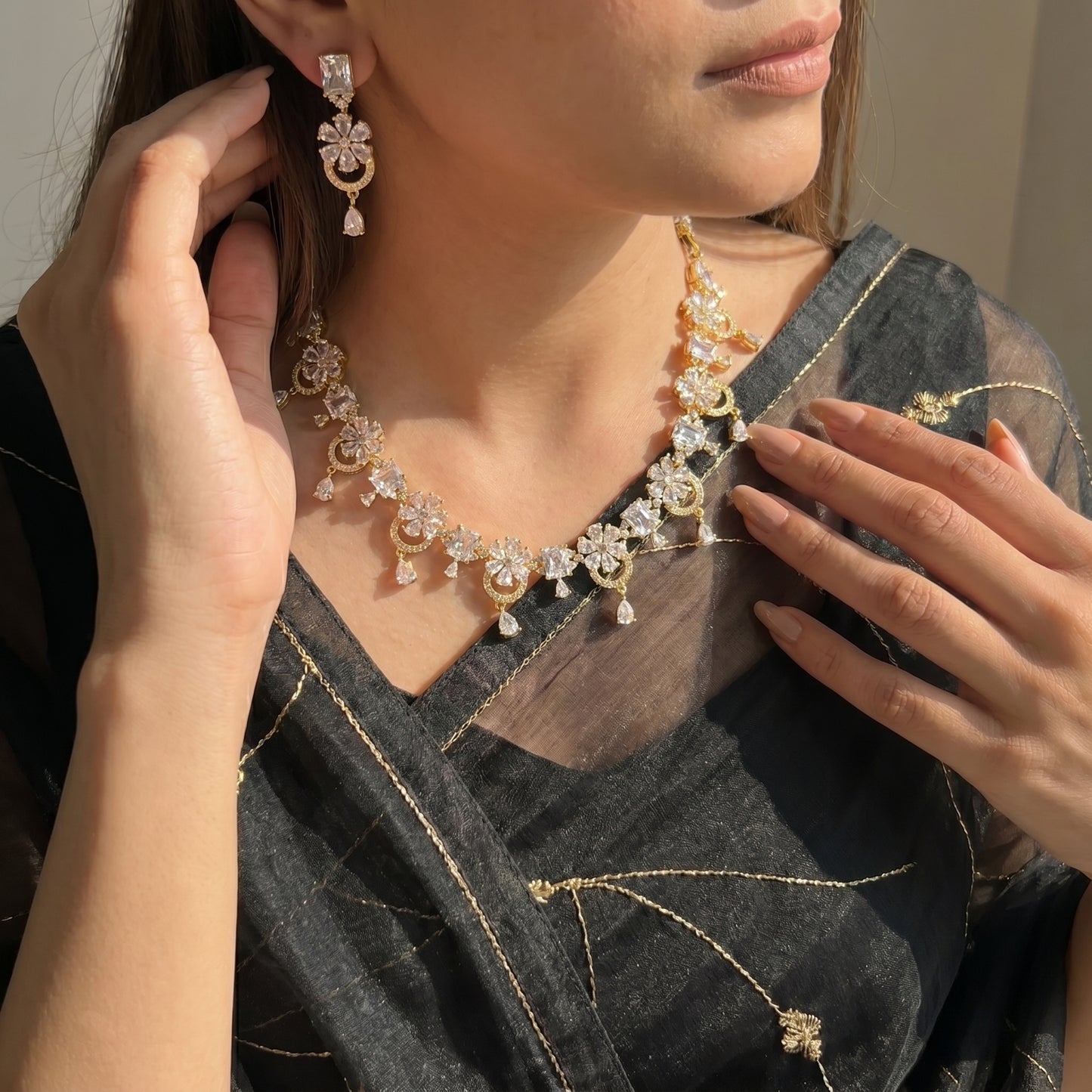 9160 Real Gold Look alike AD stone fancy necklace