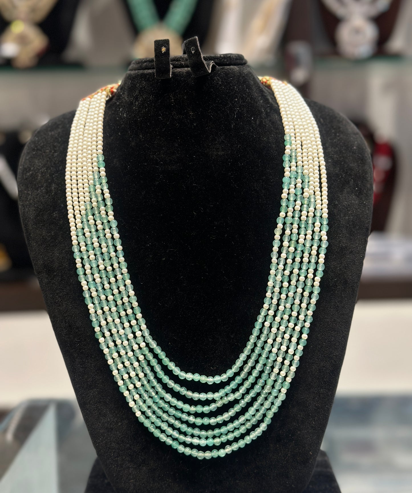 34363 Pearl and green onex beads mala