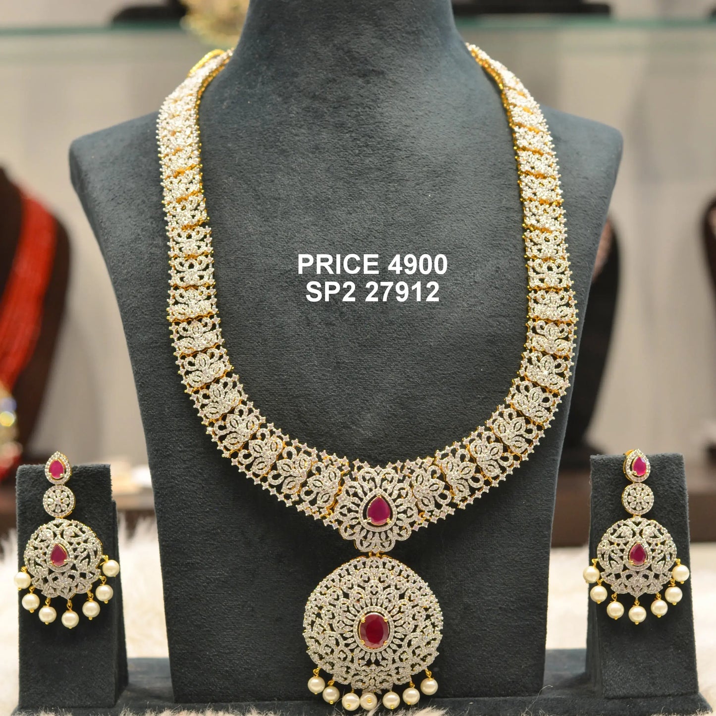 Diamond Look Ruby stone long necklace 27912