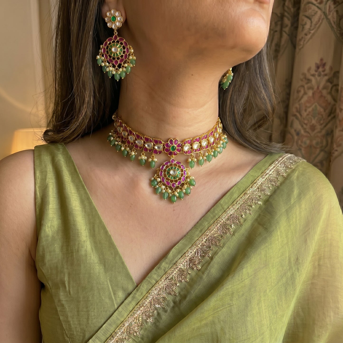 41975 Pota stone Multi color kundan choker with monalisa beads