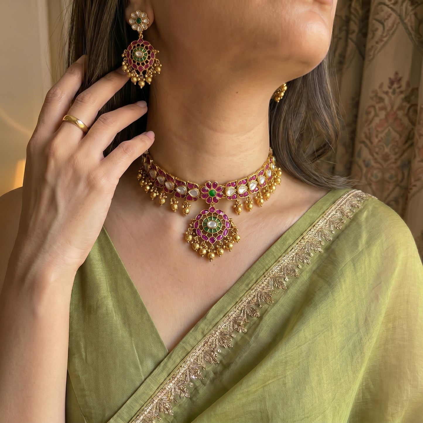 41974 Pota stone Multi color chokers with Golden balls making
