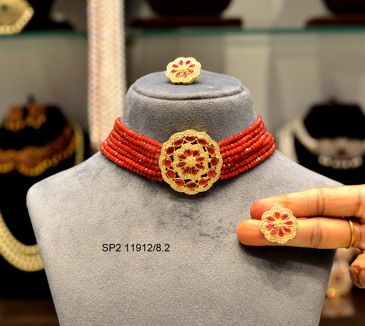 11912 Red onex beads flower choker