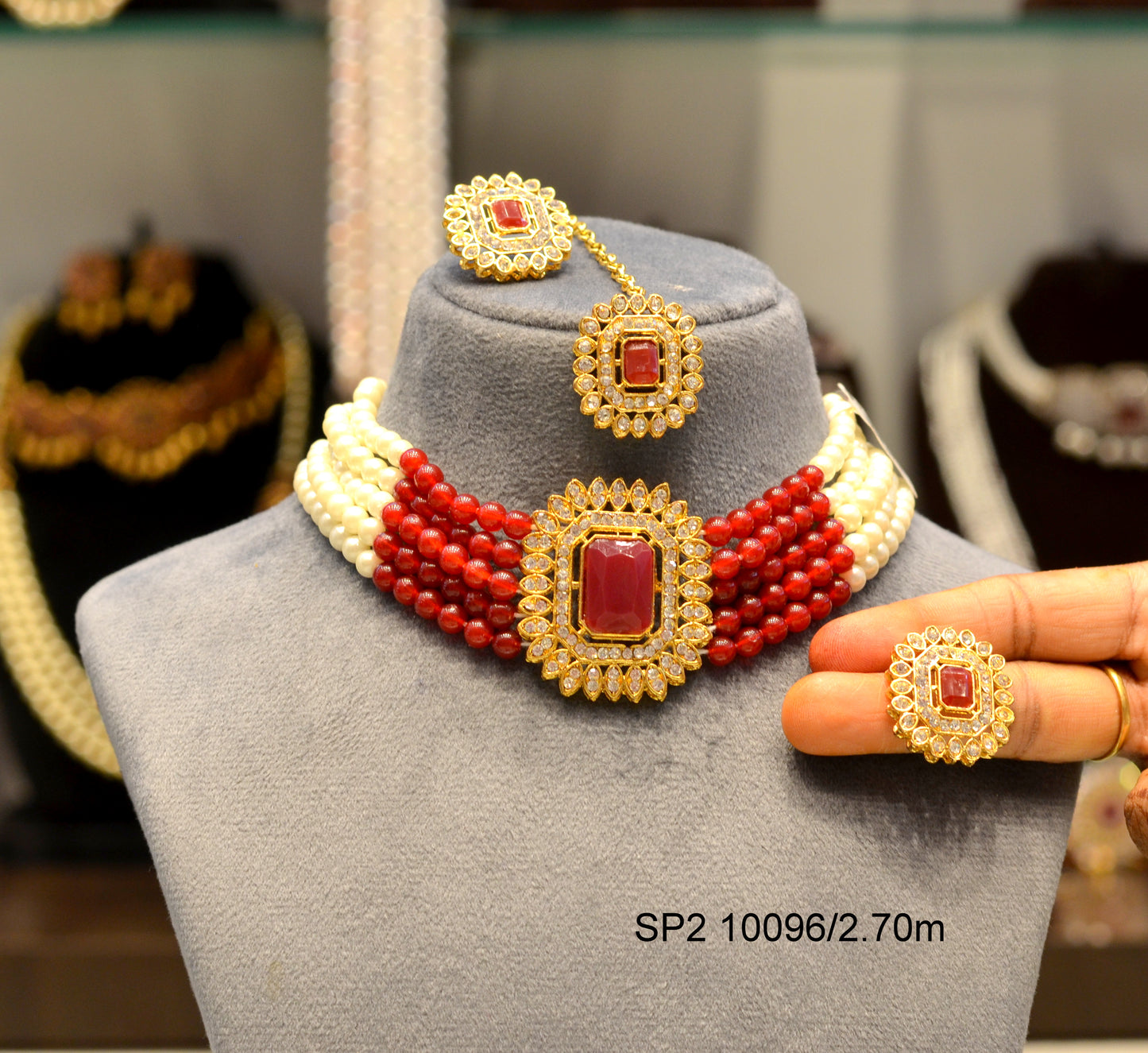 10096 Kundan red beads and pearls choker