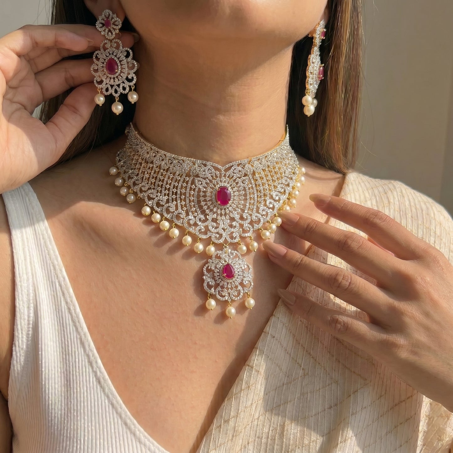 Diamond Look double pendant choker