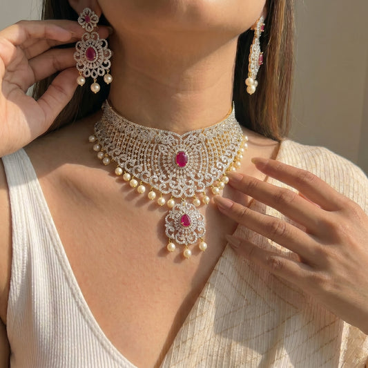 Diamond Look double pendant choker