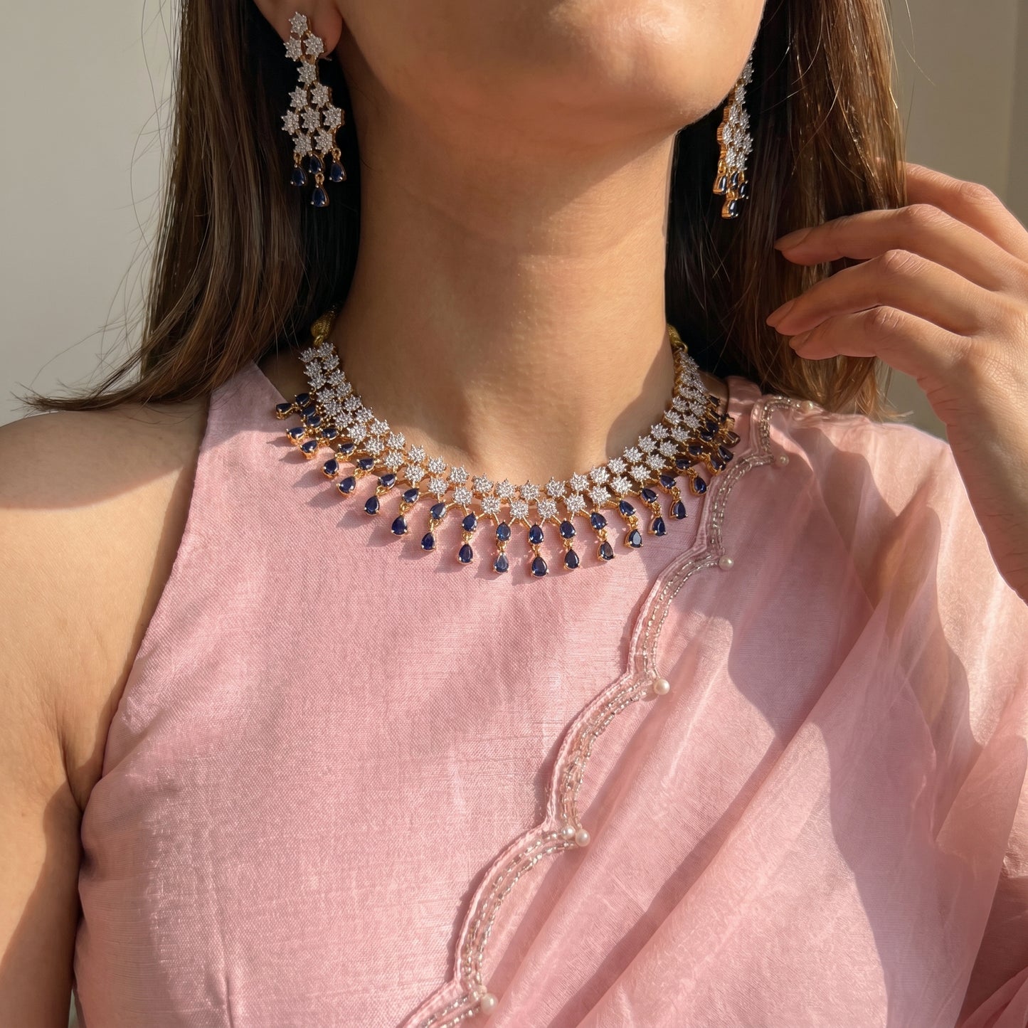 Diamond look blue stone fancy necklace
