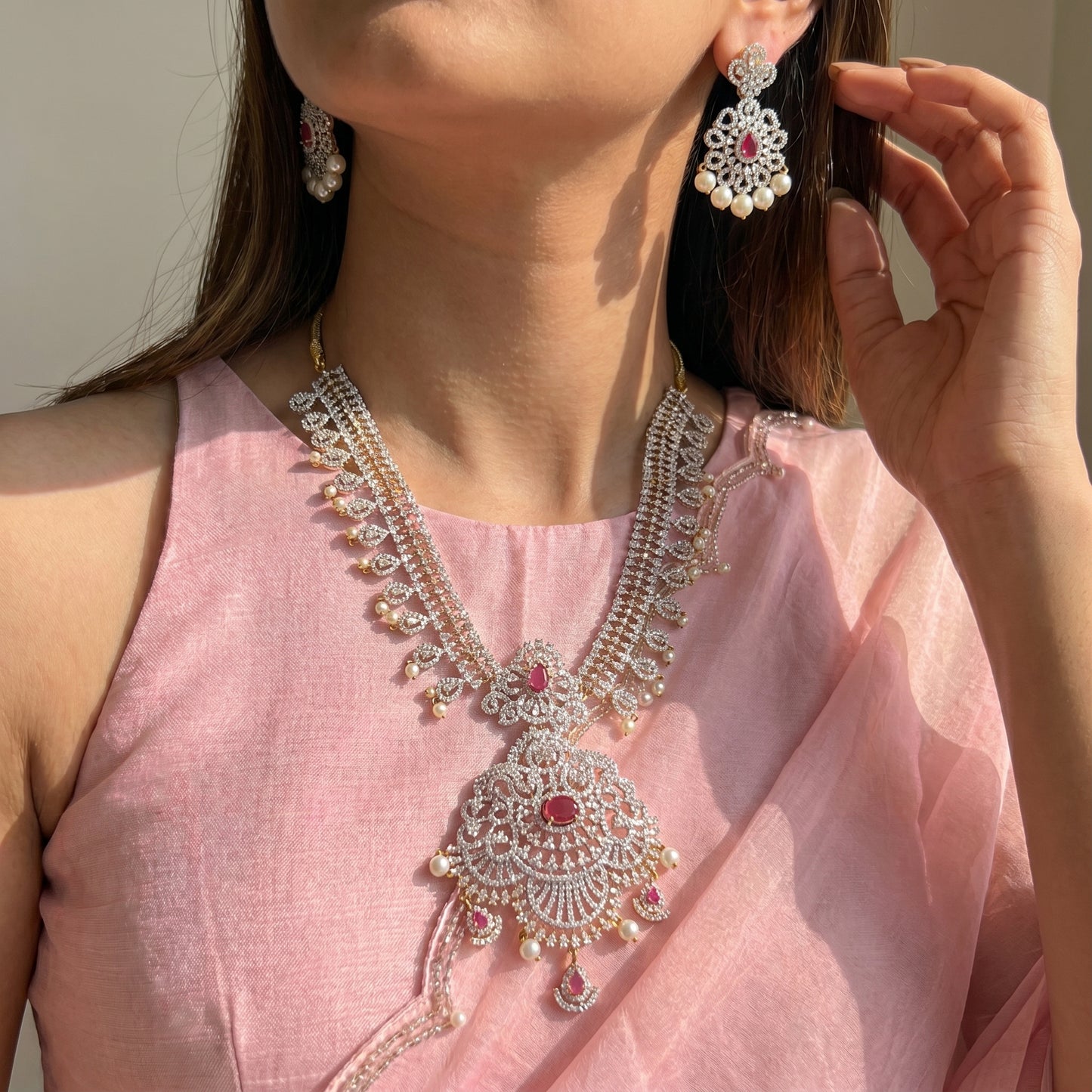 Diamond look ruby necklace