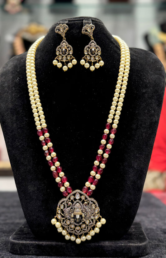 24923 Victorian Beads Mala with Tirupati Balaji Pendant and Pearls