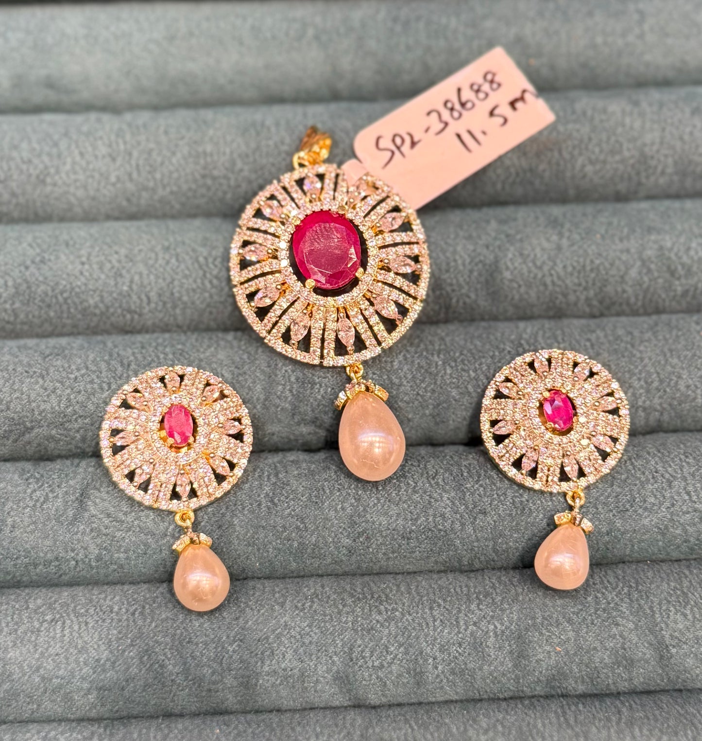 38688 Ruby stones real diamond look round shape pendant set