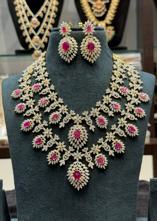39787 Real Diamond Look 2 layers necklace bridal with Ruby stones and screwback earrings