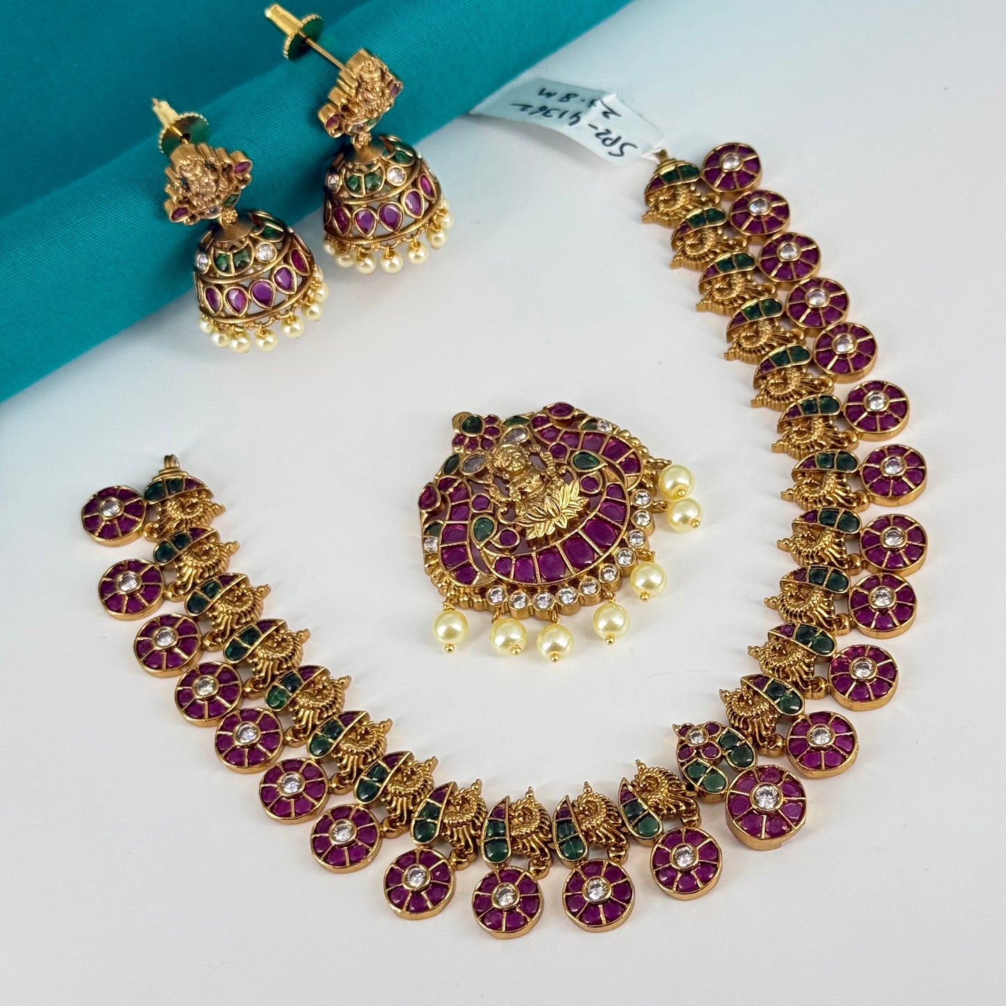 41362 Lakshmi locket detachable Bottu mala with Jhumkas