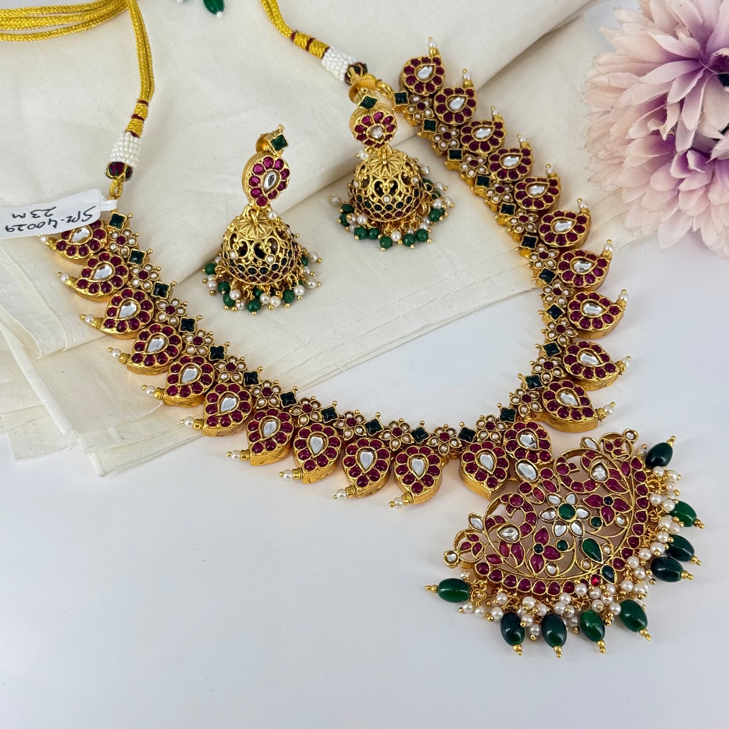 40411 / 40750  Pota stone multi color mango necklace with Jhumkas
