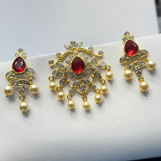 41036 Uncut stones Drop shape Ruby pendant set with screwback earrings