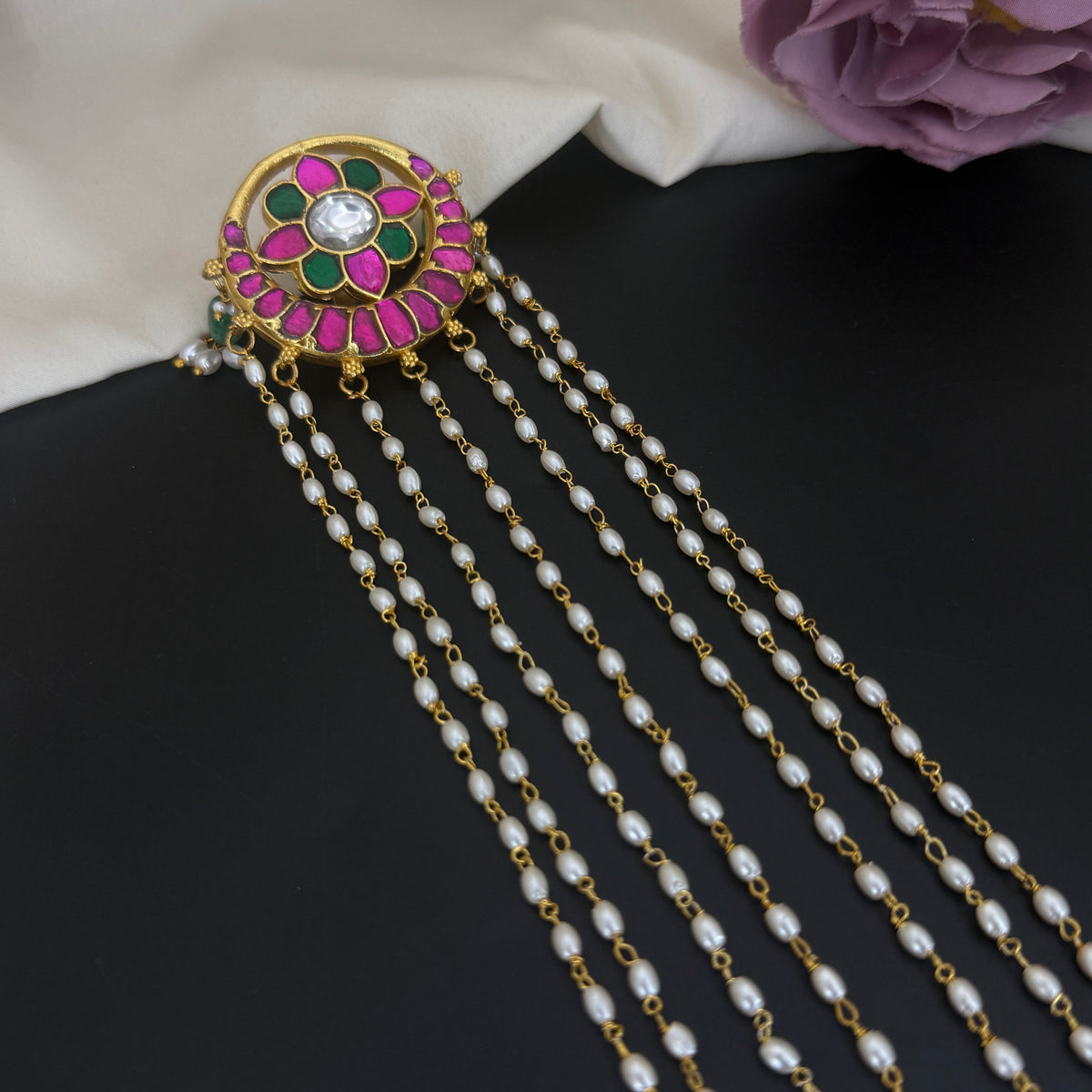 Jadau Kundan Premium Hair Jada with Rice pearls lines 43255