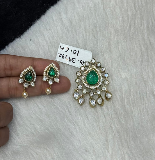 39792 Victorian Moissanite pendant set with studs and pearl hanging