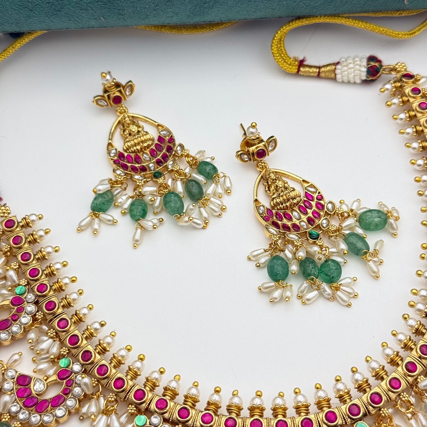 41838 Hand Made Jadau guttapusalu with Lakshmi locket and Rice pearls and Russian strawberry beads bridal design