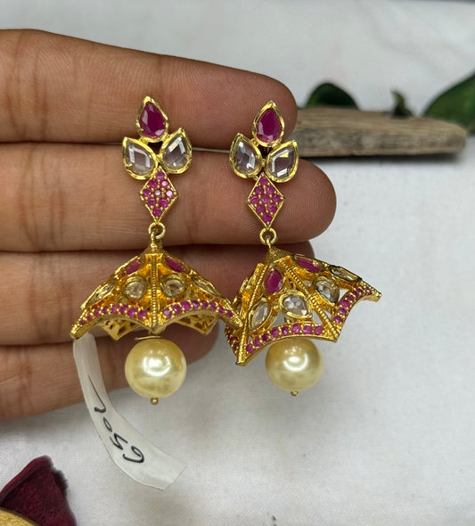 1403 gold polish CZ jhumka with Ruby stones