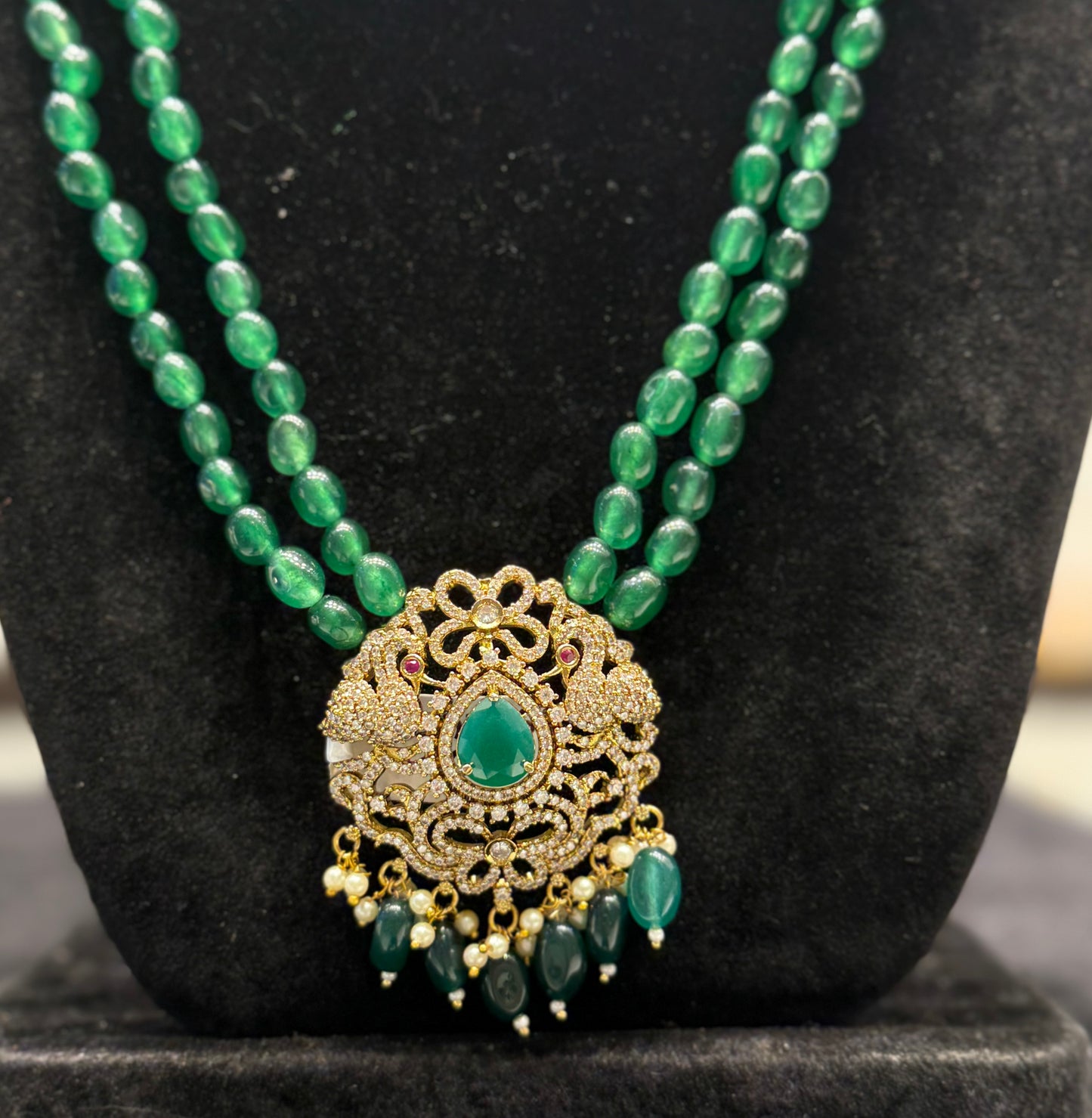 27706 Victorian Green Monalisa Beads Mala With Peacock Pendant