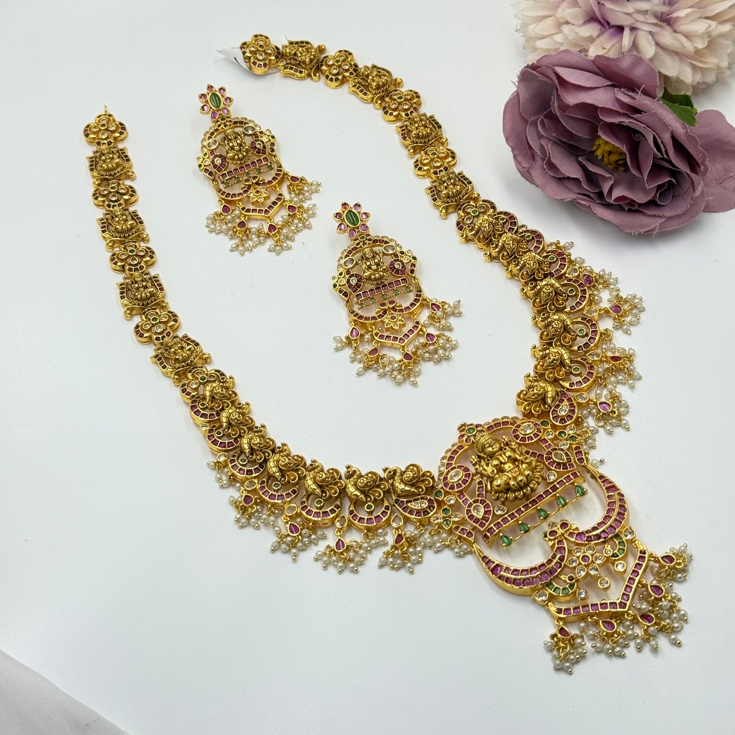 41379 24 carat gold look alike Nakshi long handcrafted necklace with statement screwback earrings