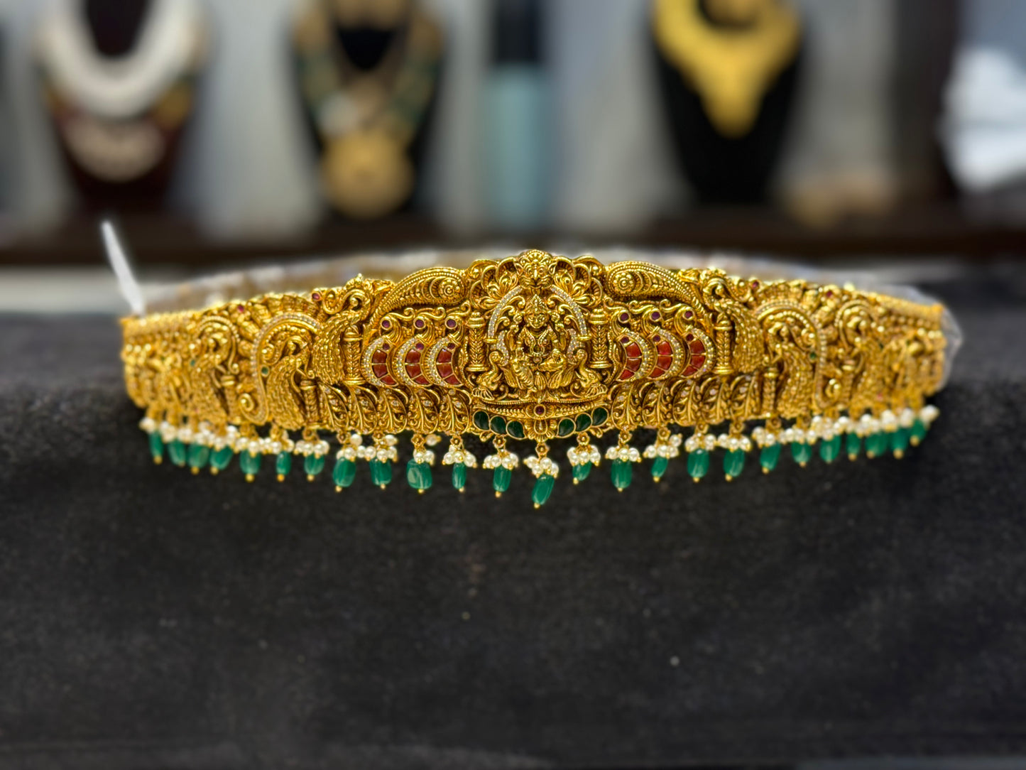 39424 Nakshi jadau kundan Vaddanam with monalisa drops and printed belt