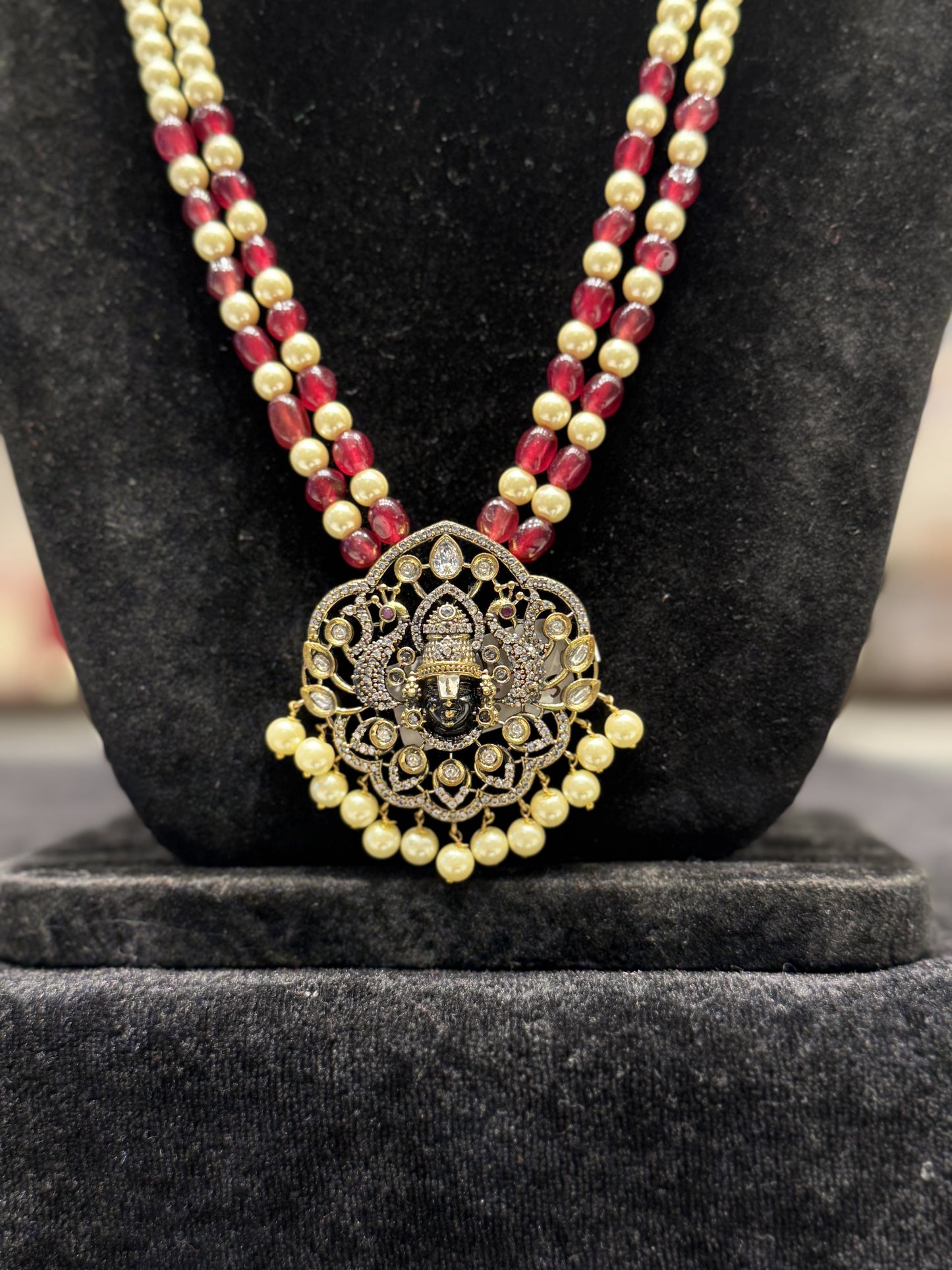 24923 Victorian Beads Mala with Tirupati Balaji Pendant and Pearls