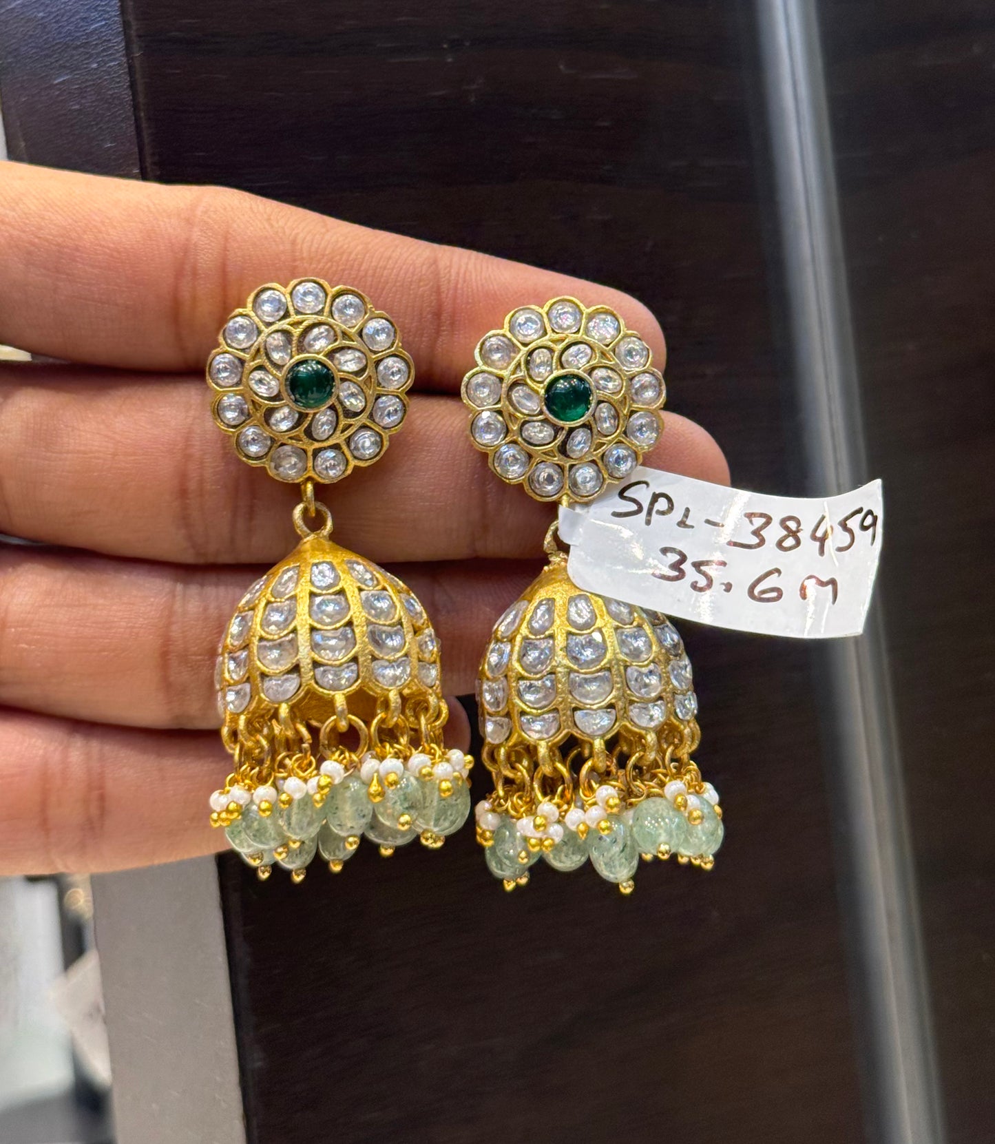 38459 Jadau full white Jhumkas flower design