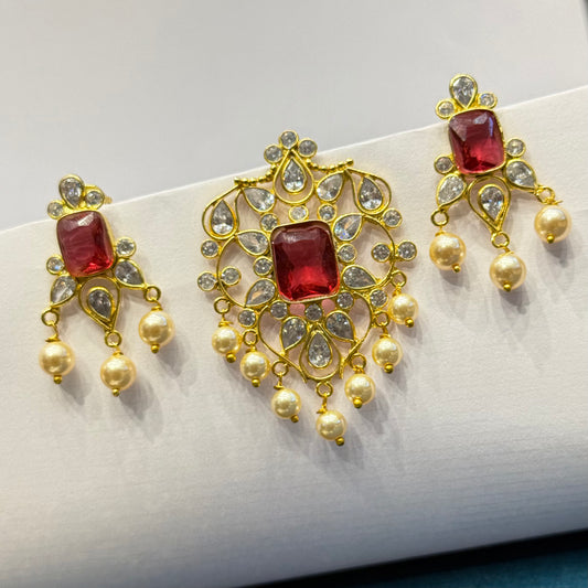 41307 Uncut stones Ruby stones pendant set with screwback earrings