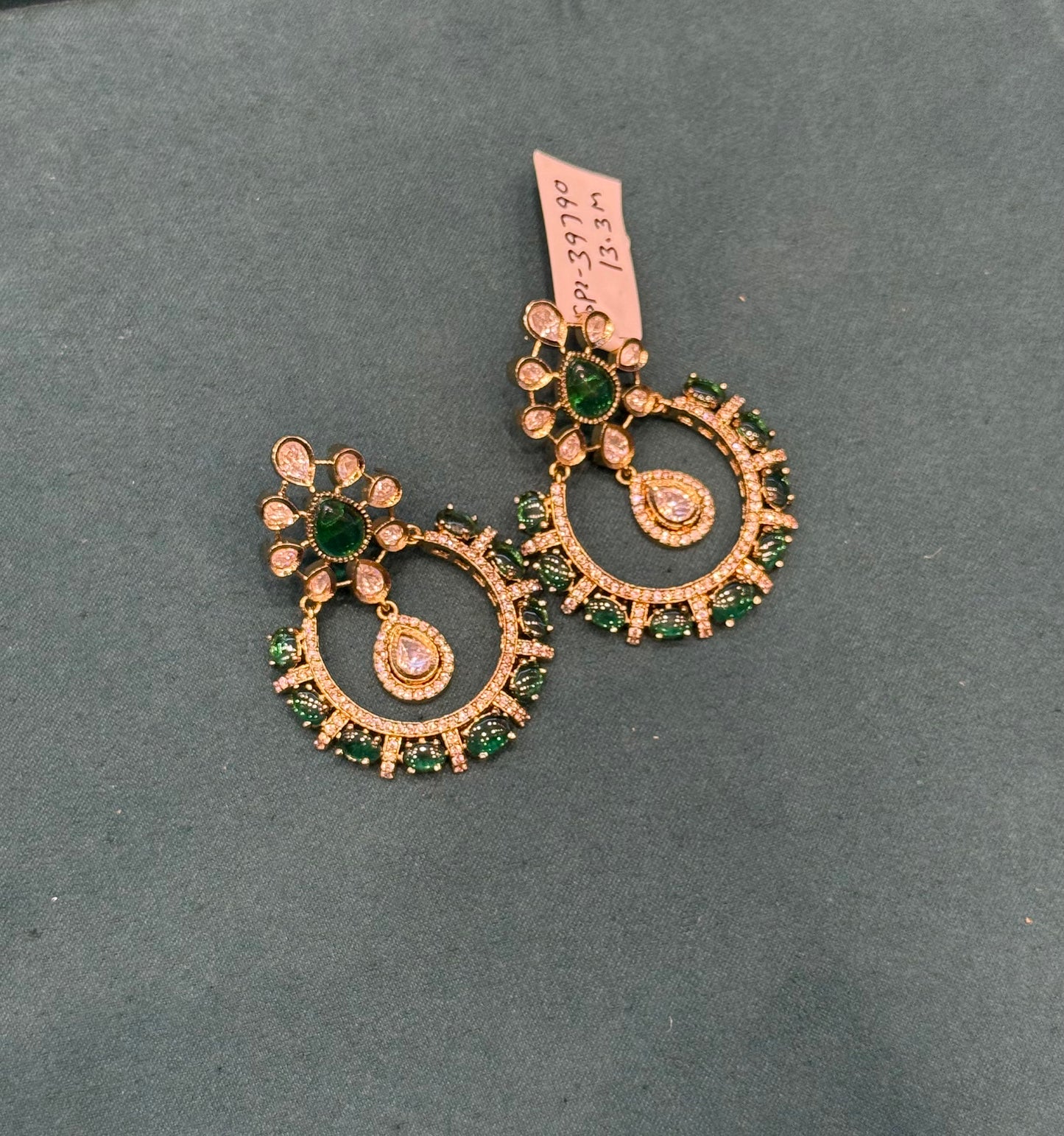 39790 Victorian Moissanite chandbali with green duplet stone