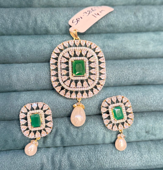 38677 real diamond look square shape pendant set green