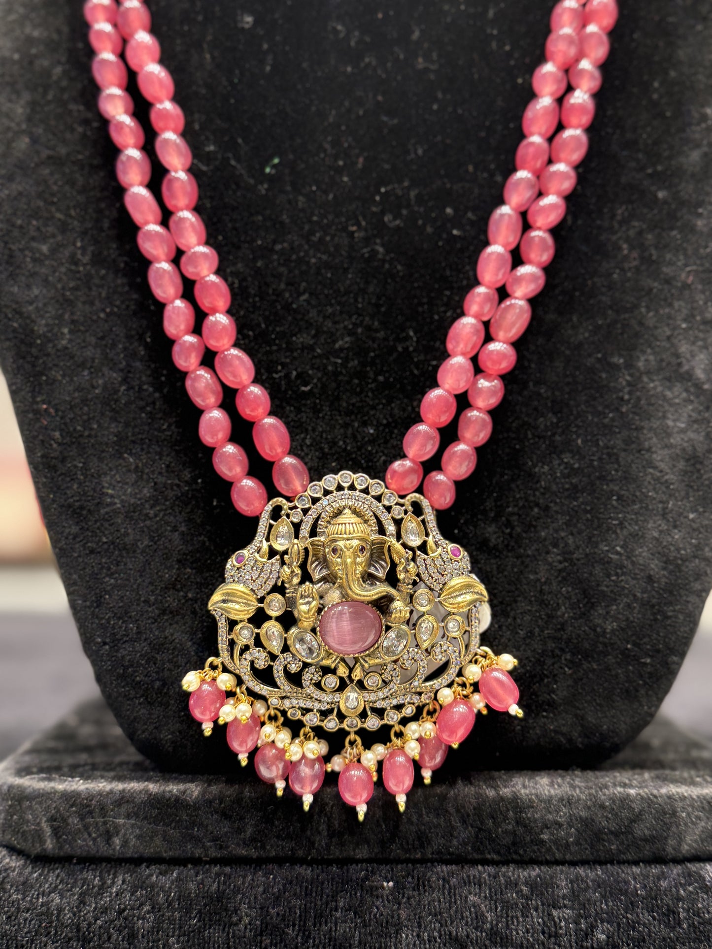 24201 Victorian beads Mala with Ganesh Locket and Monalisa Onion Pink Beads