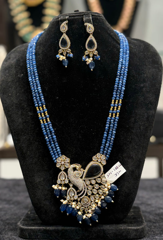 18866 Victorian Onex Blue Beads Mala With Fancy Peacock pendant