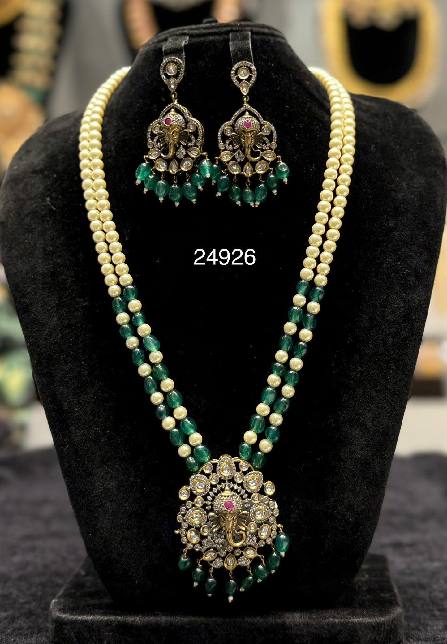 24926 Victorian Beads Mala with Ganesh Locket and Green Monalisa Beads