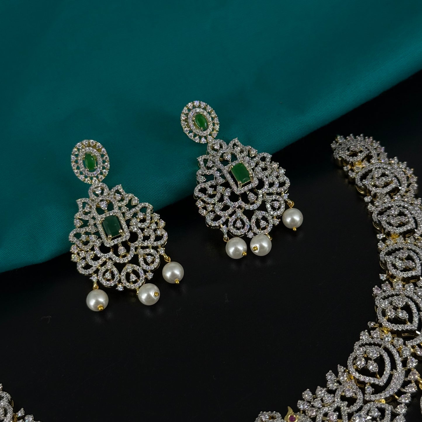 41366 Real diamond replica detachable locket necklace with screwback earrings