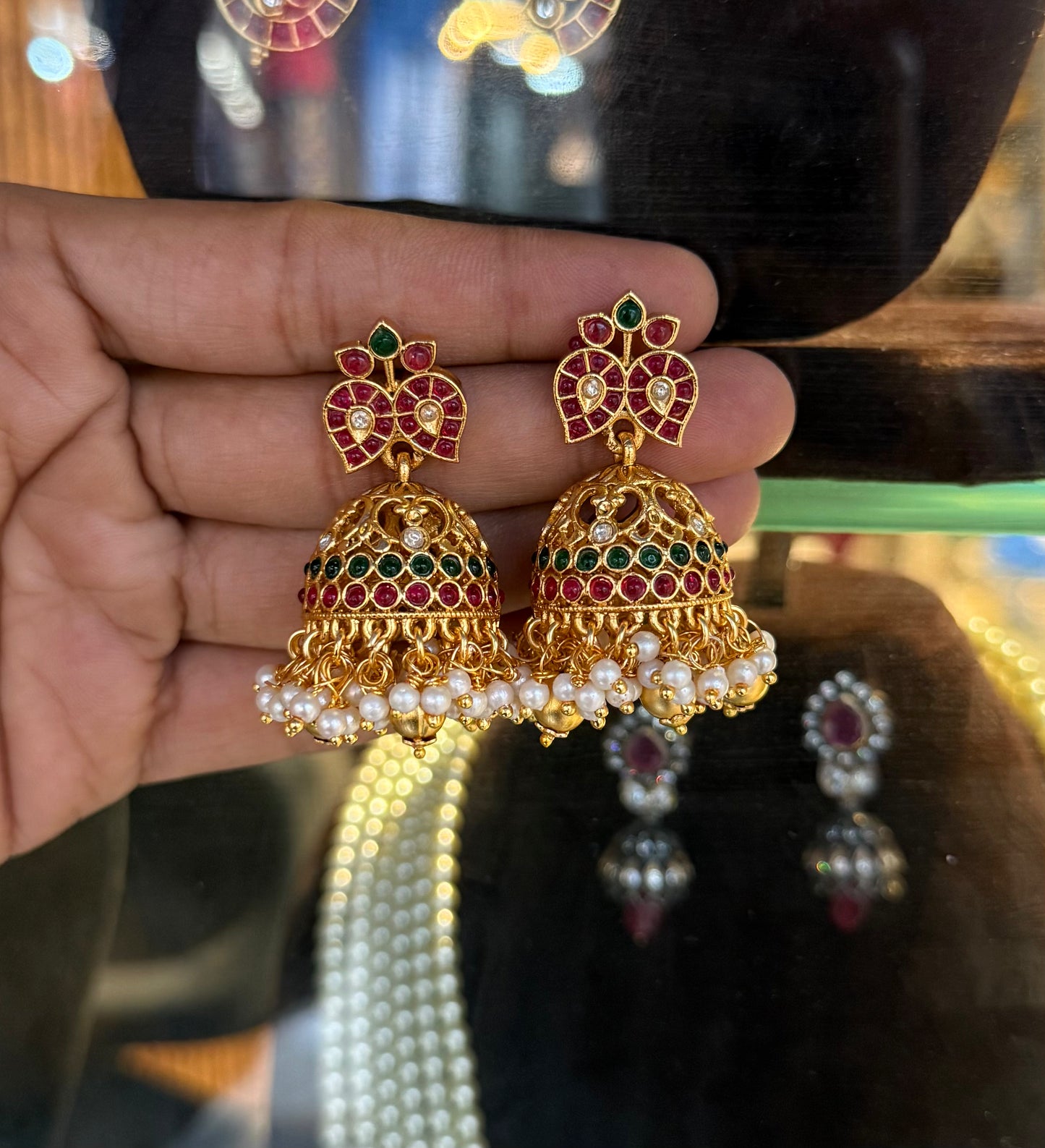 39588 Pota stone double mango Jhumkas with golden balls making