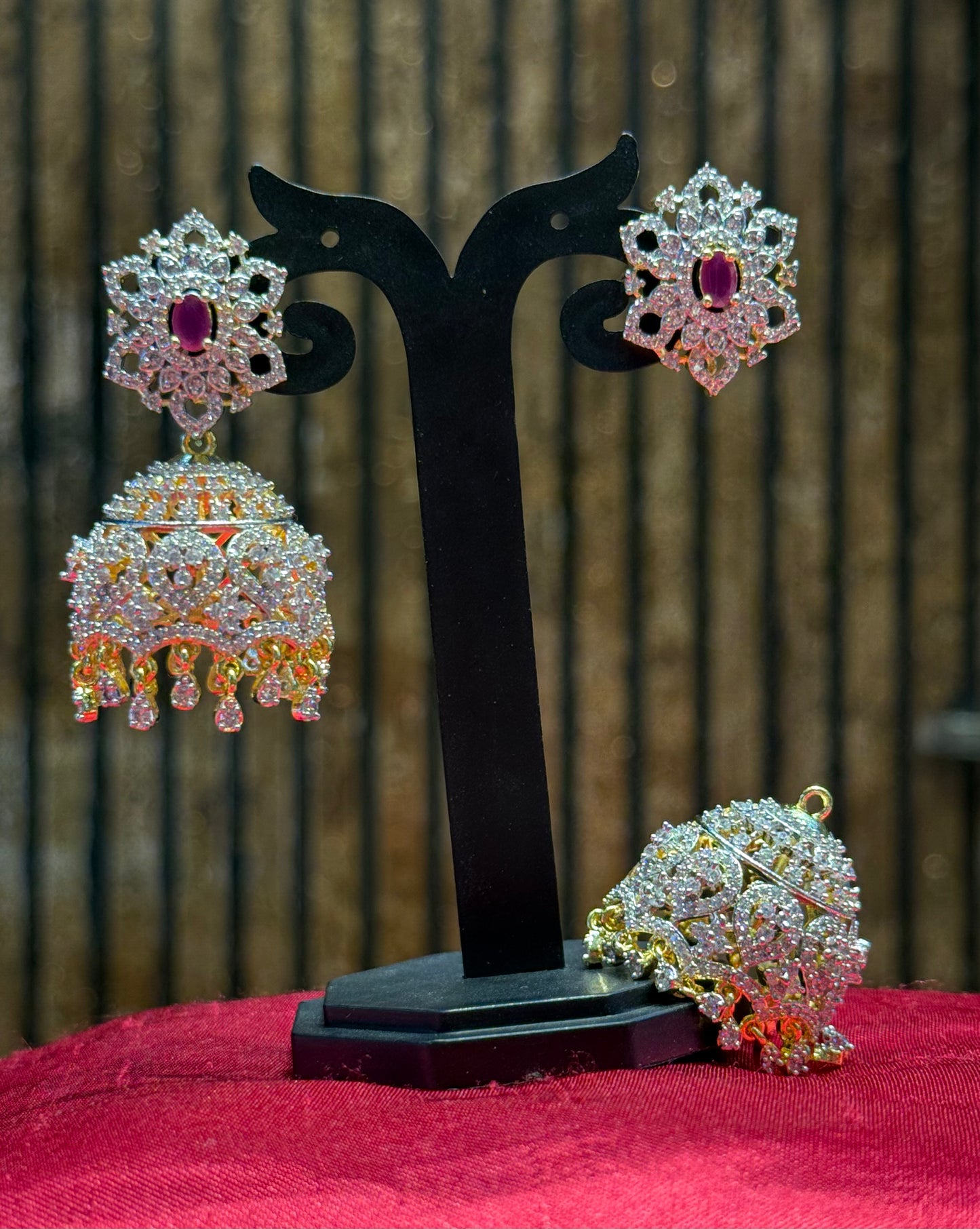 39770 Detachable 2 IN 1 Real diamond Look Jhumka with Ruby stones