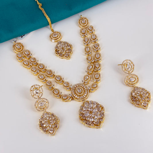 9153 Premium Gold Polish Necklace with AD stones and hanging and tikka