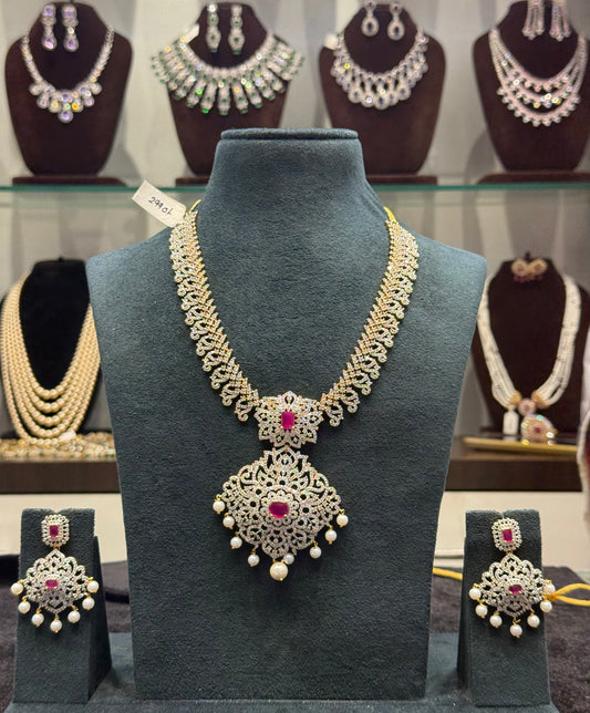 336 Real Diamond Look Bridal Ruby necklace with screwback earrings