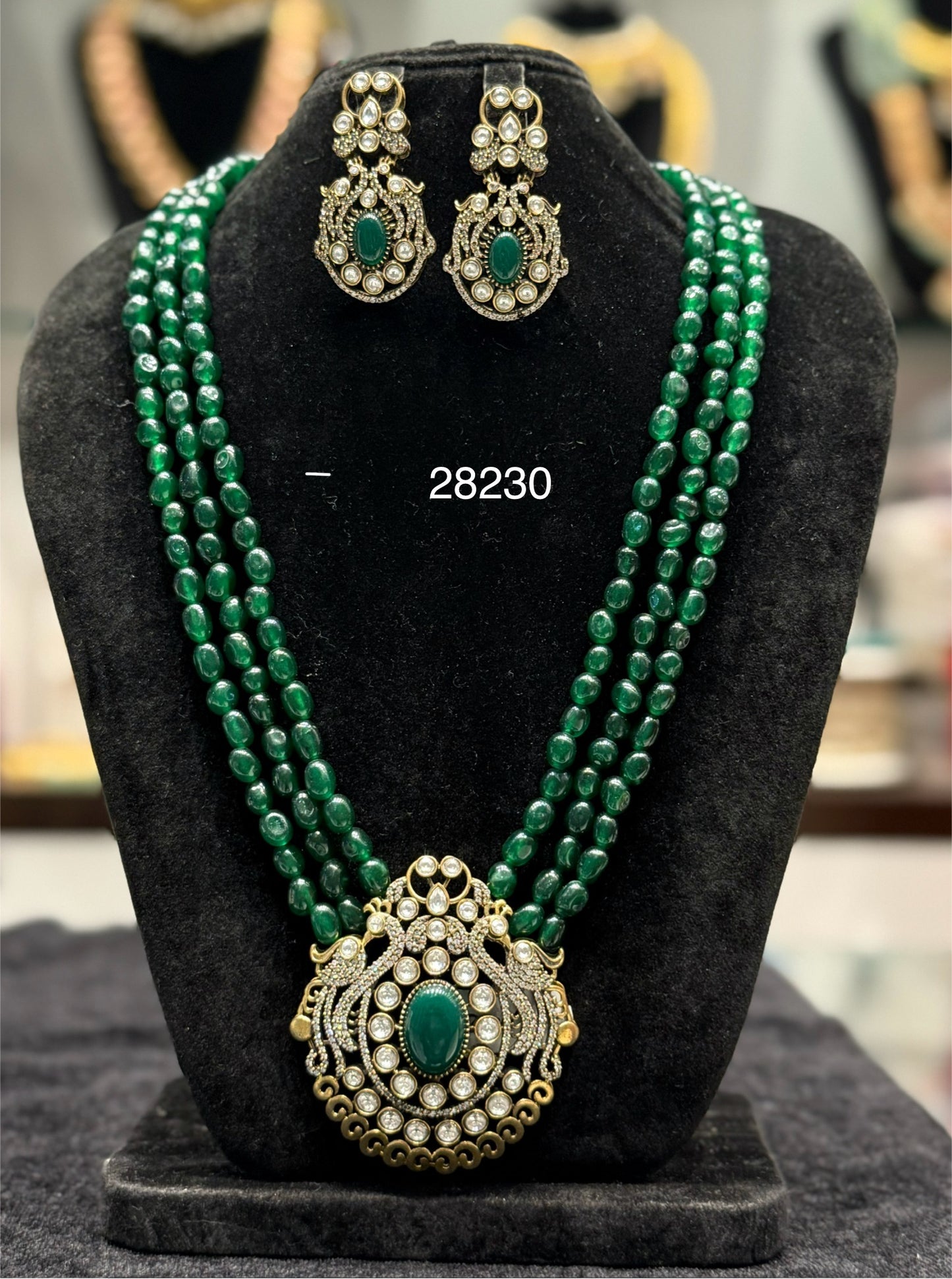 28230 Victorian Beads Mala with Moissanite Stones and Monalisa Green Beads