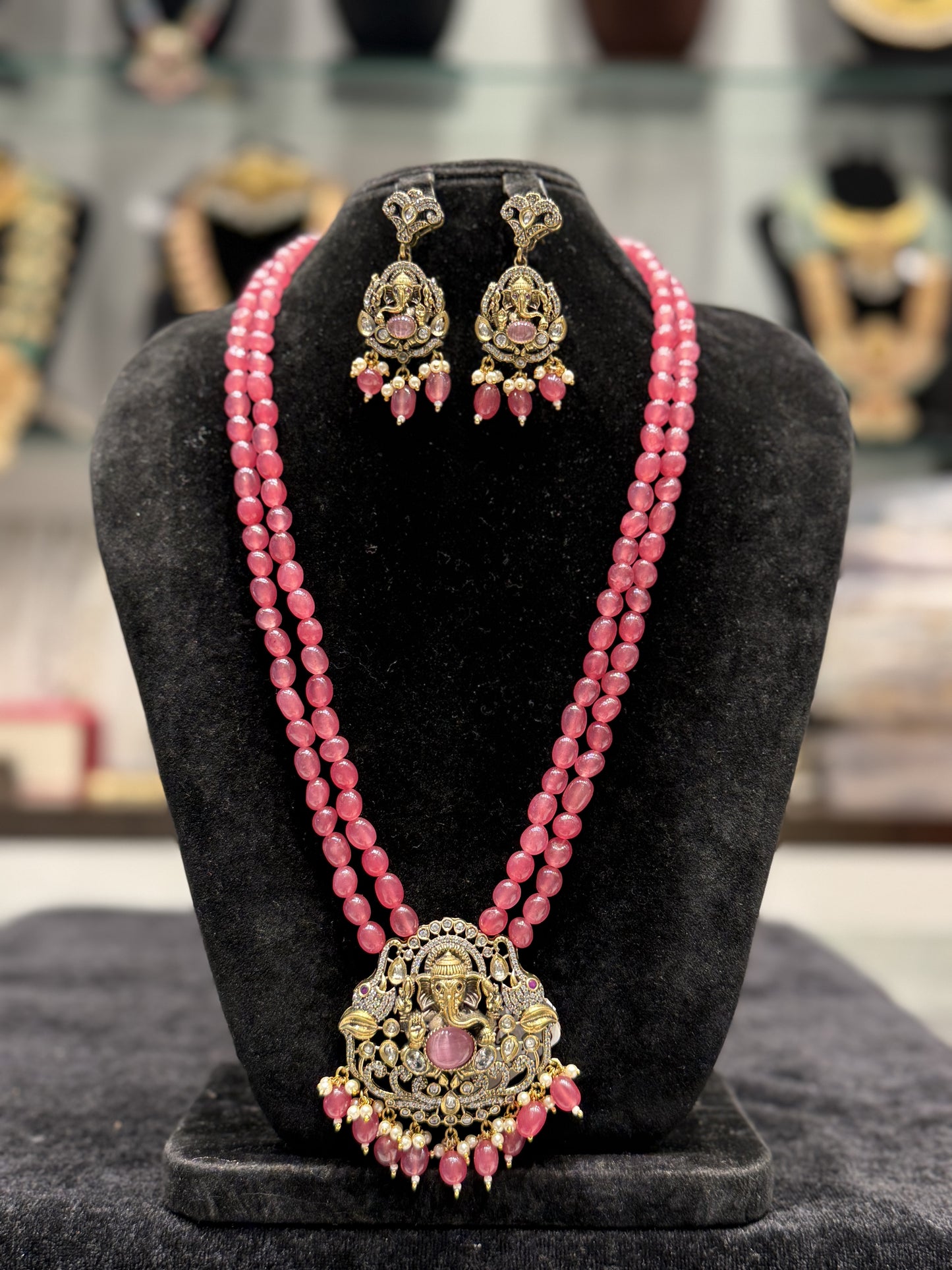 24201 Victorian beads Mala with Ganesh Locket and Monalisa Onion Pink Beads